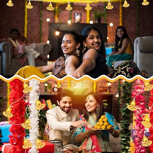 Miniatura 7 de Guirnalda de luces Diwali de color blanco cálido, funciona con pilas, luces de festival Diya para interiores y exteriores, 10 luces LED para