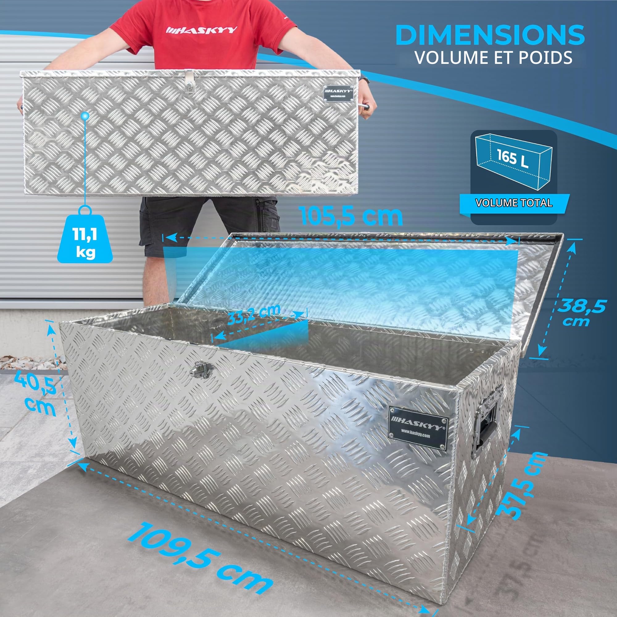 HASKYY Boîte à outils pour Remorque en aluminium 110 x 38 x 40 cm - 165 L Coffre de timon Caisse de Transport et Rangement verrouillage avec 3 clés