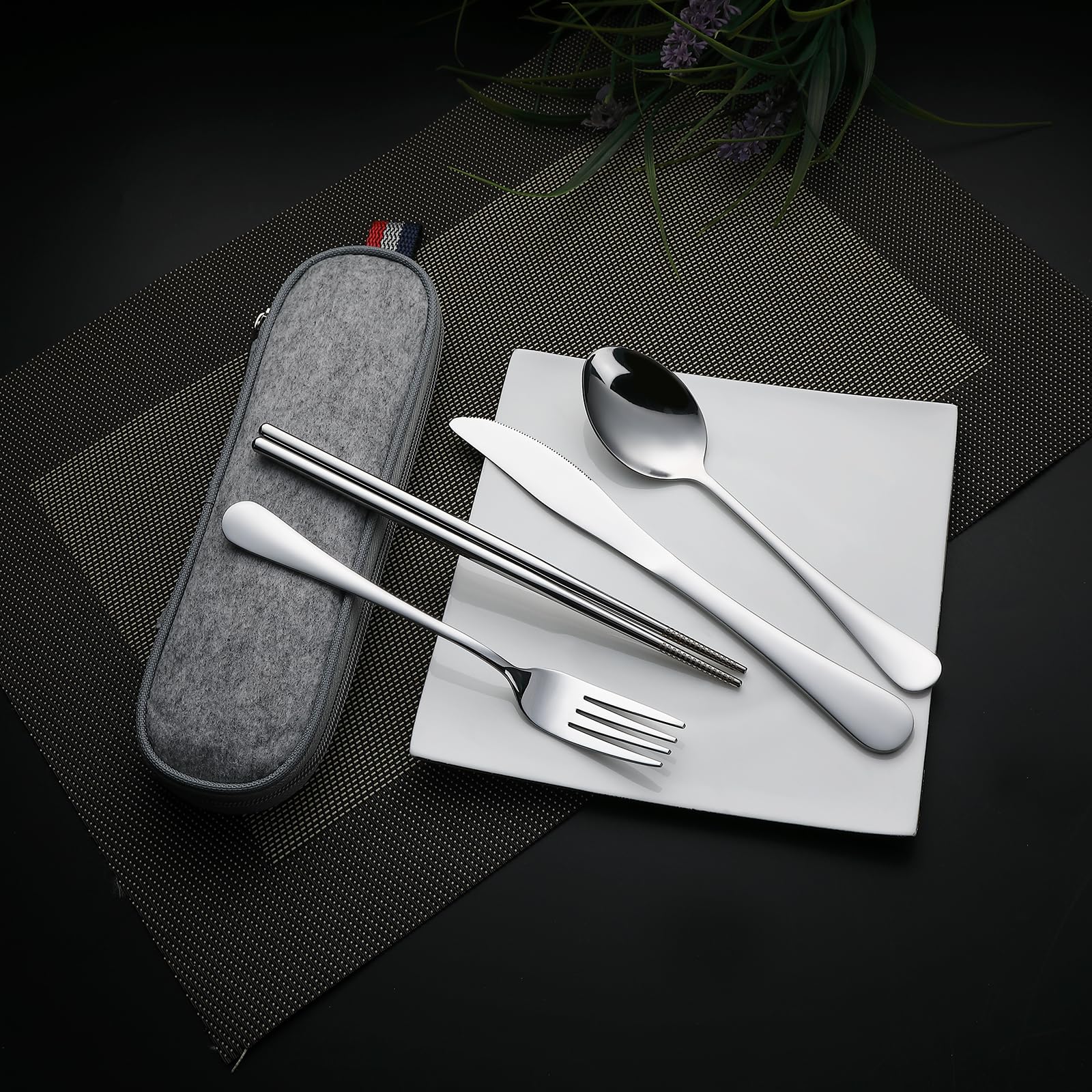 DEVICO Camping Utensils, Portable Travel Utensils with Case, Stainless Steel Reusable Silverware for Lunch Adult, 5Pcs Cutlery Set Includes Knife Spoon Fork Chopsticks and Case (Silver)