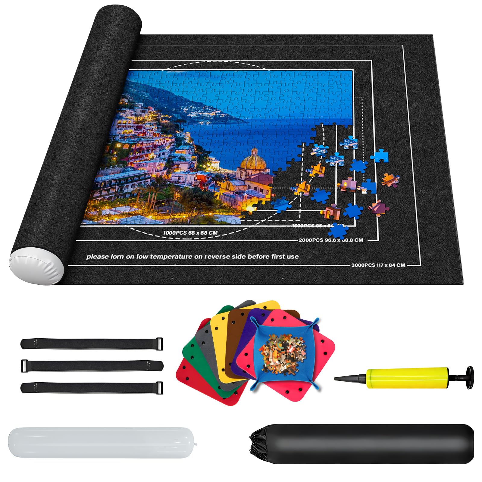 MIAOKE Felt Jigsaw Puzzle Roll Jigsaw Storage Felt Mat for 1000 1500 2000 3000 Pieces, Roll-Up Puzzle Table, with 8 Sorting Trays