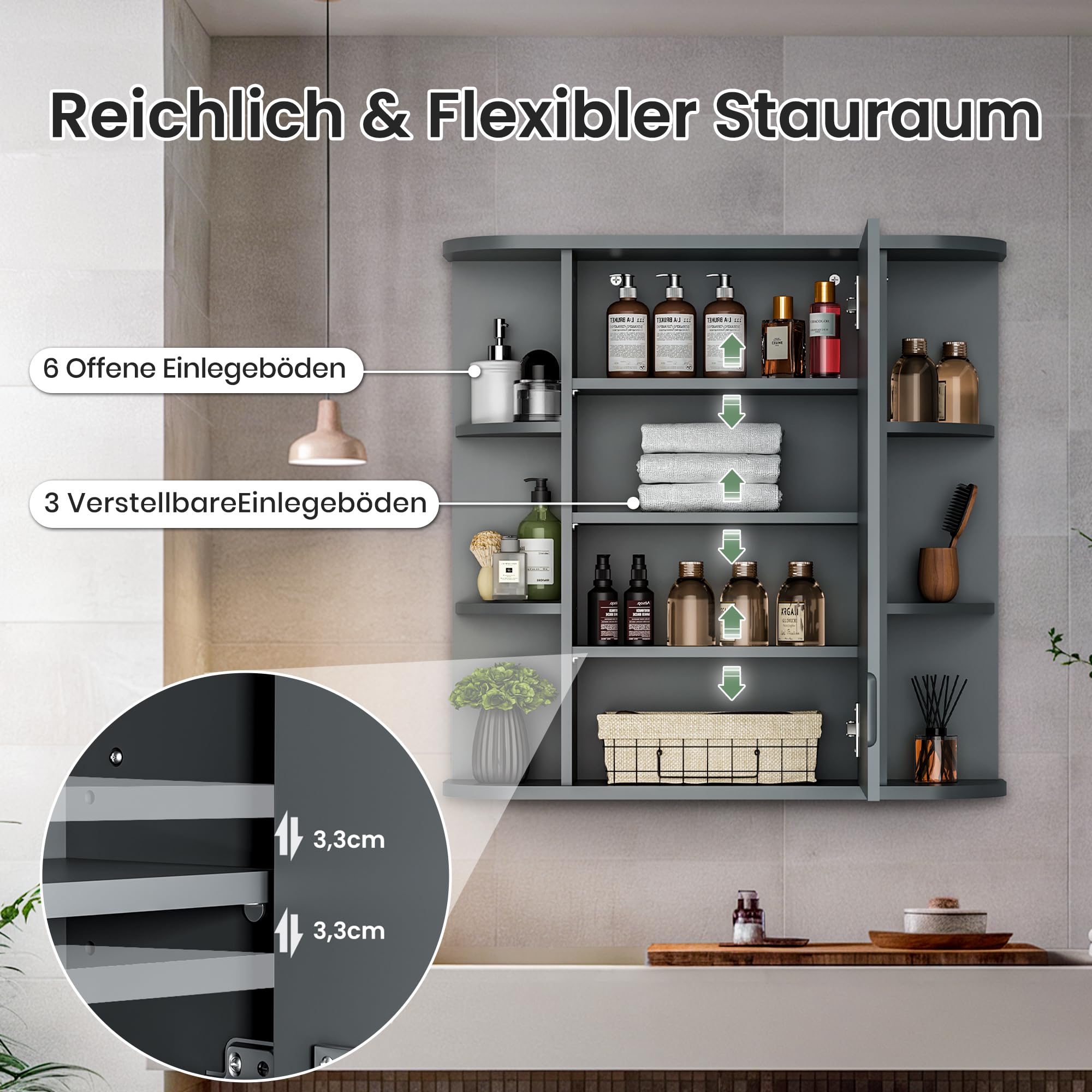 Pamapic Spiegelschränke fürs Bad, Badezimmerschrank mit Spiegel, Hängeschrank Badezimmer mit verstellbaren Ablagen, Schrank mit Badezimmerspiegel, Wandschrank,67,5 x 60 cm, Grau