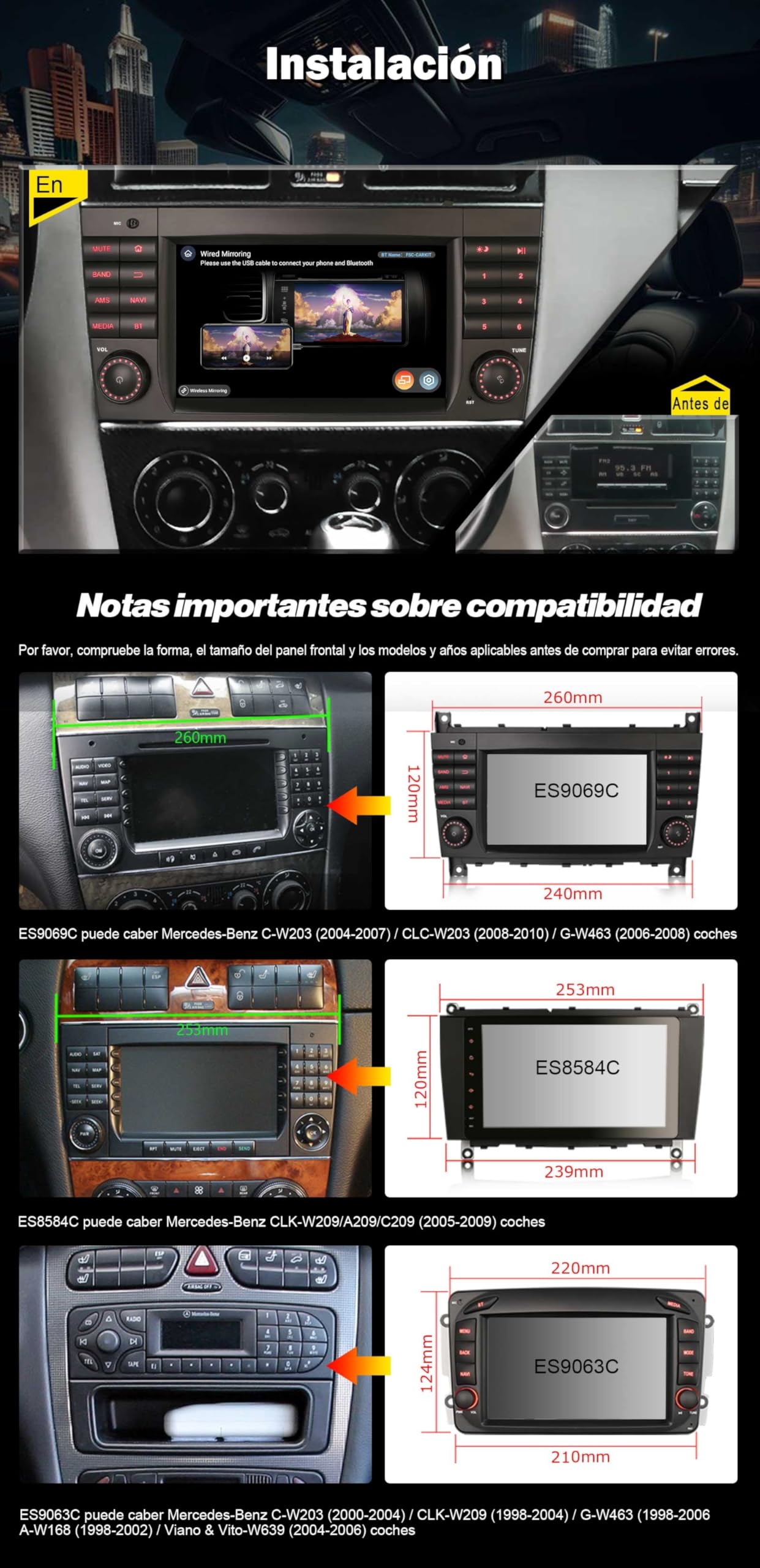 Erisin 8 núcleos 8GB+128GB Android 16 Radio Coche Bluetooth GPS Navegador para Mercedes Benz Clase C W203 Clase CLC W203 C180 Clase G W463 Wireless CarPlay Android Auto Dab+ WiFi USB DSP SWC Canbus