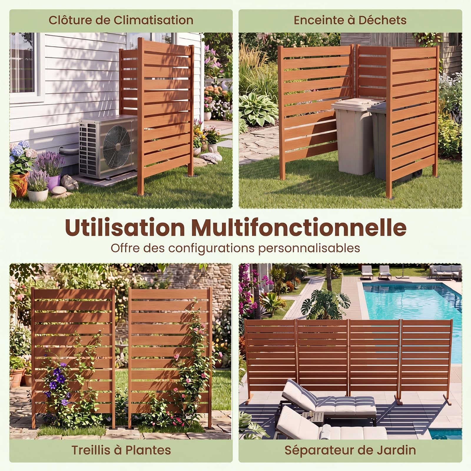 COSTWAY Panneau Cloture Jardin Brise Vue Exterieur à Lattes | Écran de Confidentialité Décoratif en Bois-Plastique 3 Modes d'Installation, Paravent Pour Terrasse Piscine, 93x64x155cm