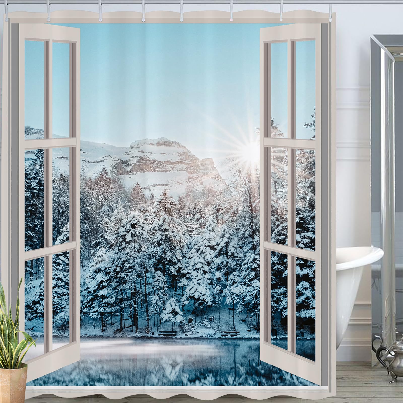 JOOCAR White Nature Shower Curtain Snow Mountain Ice Lake Secnery Shower Curtains Bathroom Decor Polyester Fabric Waterproof Shower Curtain Set including 12 Hooks - Image 3