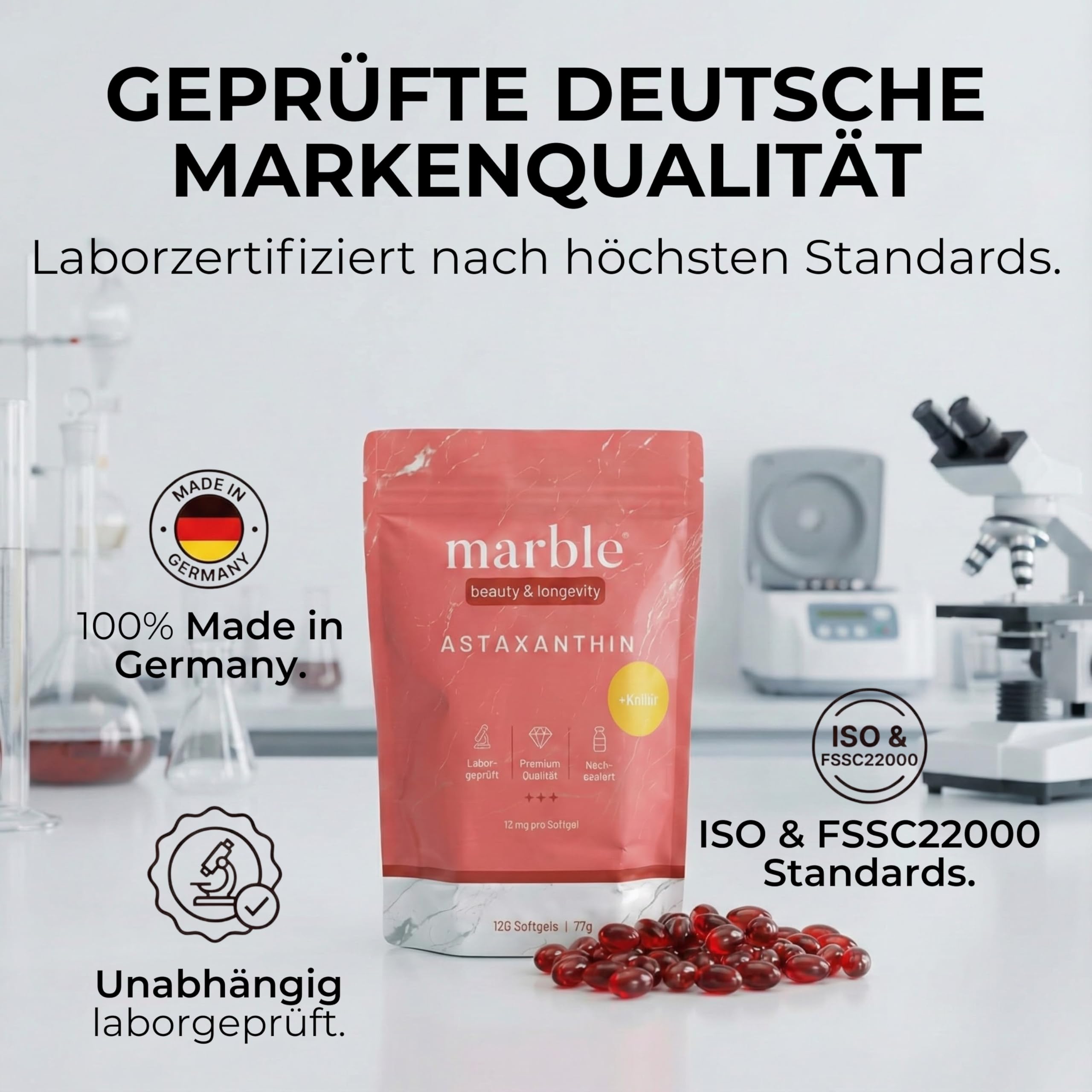 marble® Astaxanthin 12 mg + Krillöl, 120 Softgel-Kapseln – 4 Monatsvorrat – Astaxanthin hochdosiert aus Haematococcus Pluvialis Alge – laborgeprüft, Made in Germany – 30 Tage risikofrei testen