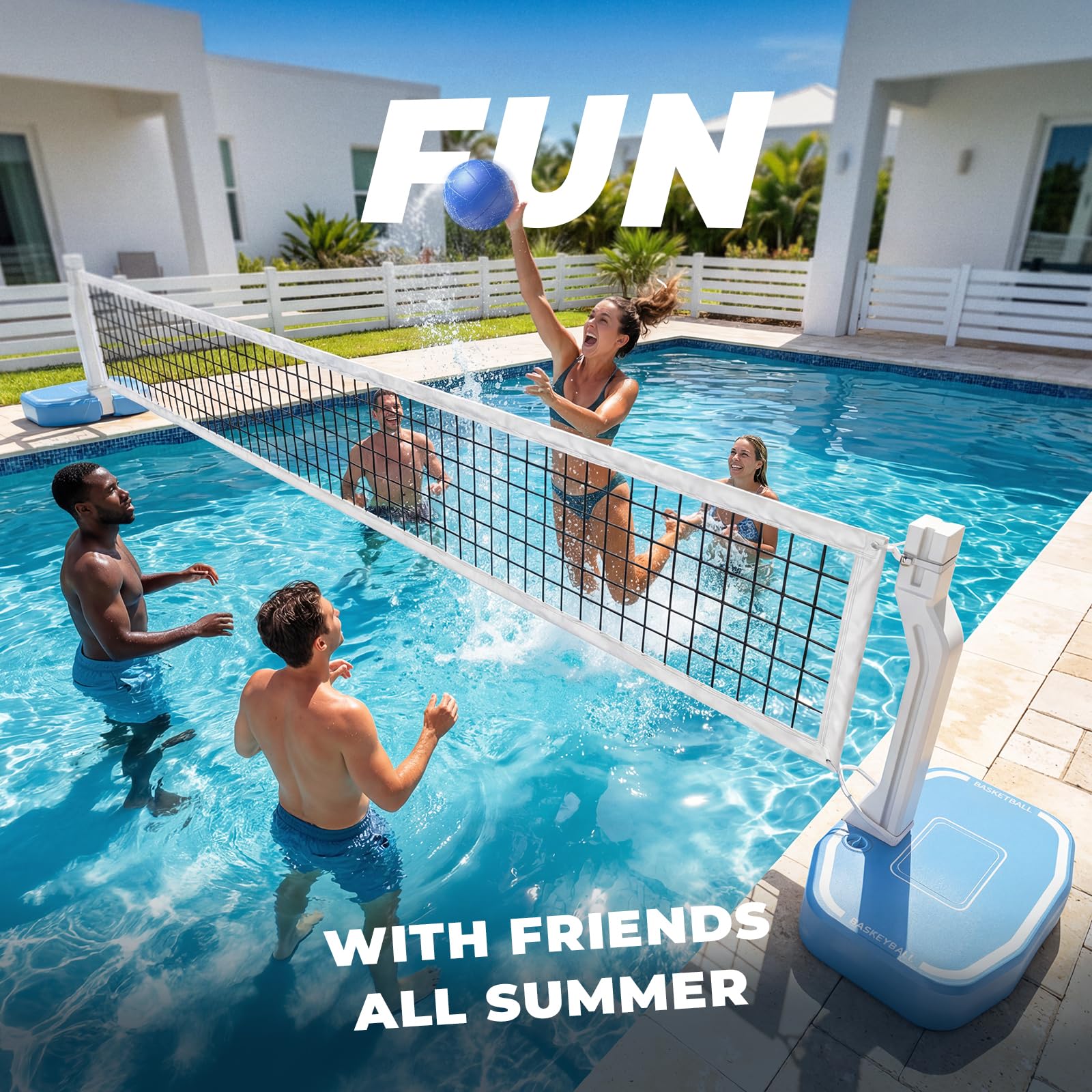 Rete da pallavolo da piscina e canestro da basket 2 in 1, rete da pallavolo per piscine interrate, canestro da basket a bordo piscina con base e supporto, include 3 palline/2 base/pompa, giochi estivi