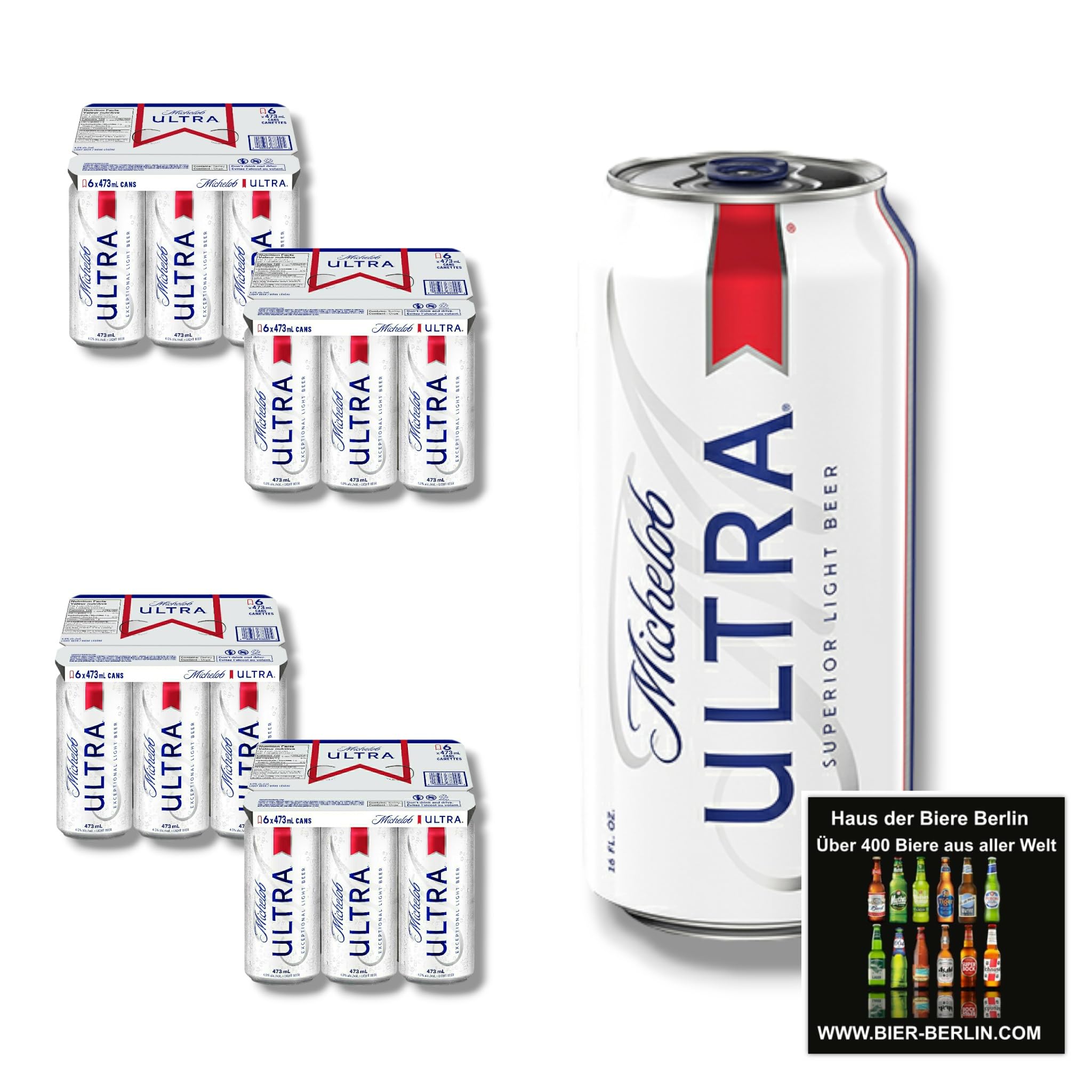 Michelob Ultra Bier 24 x 355ml Dose - Superior Light Beer mit 4,2% Vol. -Original Import aus den USA - Inkl. Haus der Biere Berlin Bierdeckel
