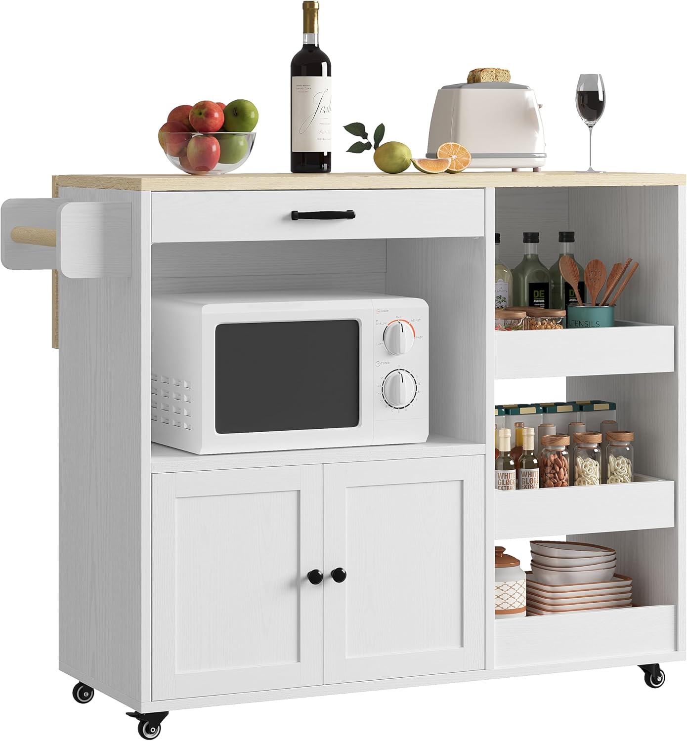 LIKIMIO Kitchen Island with Drop Leaf, Rolling Kitchen Island Cart on Wheels with Storage, Microwave Cart with Pull Out Open Shelves and Drawer, Mobile Kitchen Storage Islands, White