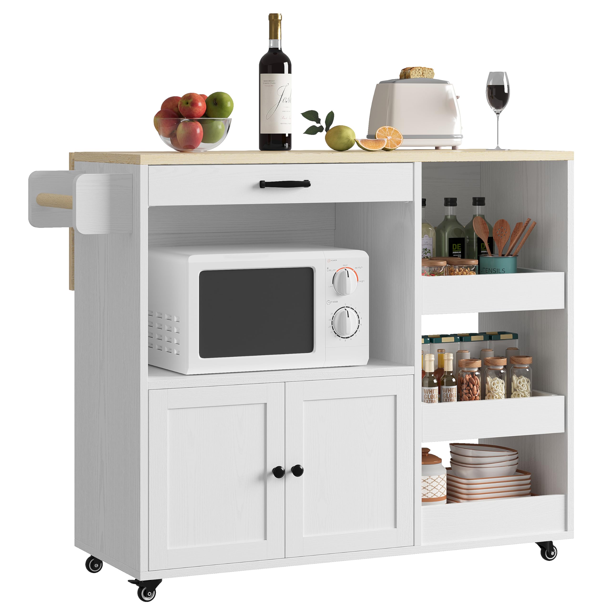 LIKIMIO Kitchen Island with Drop Leaf, Rolling Kitchen Island Cart on Wheels with Storage, Microwave Cart with Pull Out Open Shelves and Drawer,