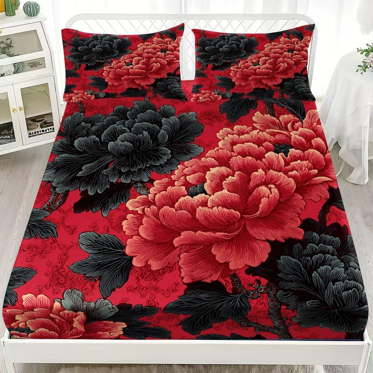 Flowers King Size Fitted Sheets Chrysanthemums Bed Sheets Deep Pocket 12 inch (30 cm) Soft Cozy 3 Piece Microfibre Bed Sheet 150x200 cm with 2 Pillowcases 50x75 cm