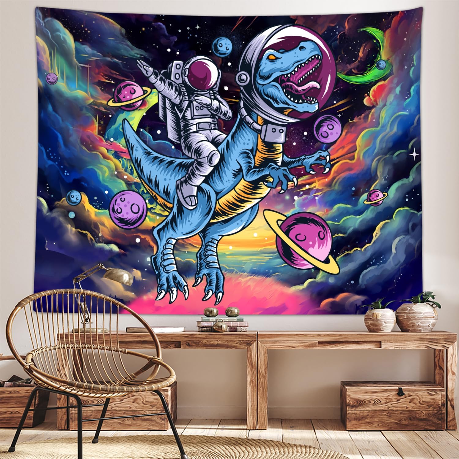 Funny Space Astronaut Dinosaur Tapestry for Men Guys Bedroom, Cool Trippy Universe Planet Art Tapestries Wall Hanging College Dorm Boys Room Decor 90"X70" Psychedelic Blacklight Galaxy Poster Blanket image 2