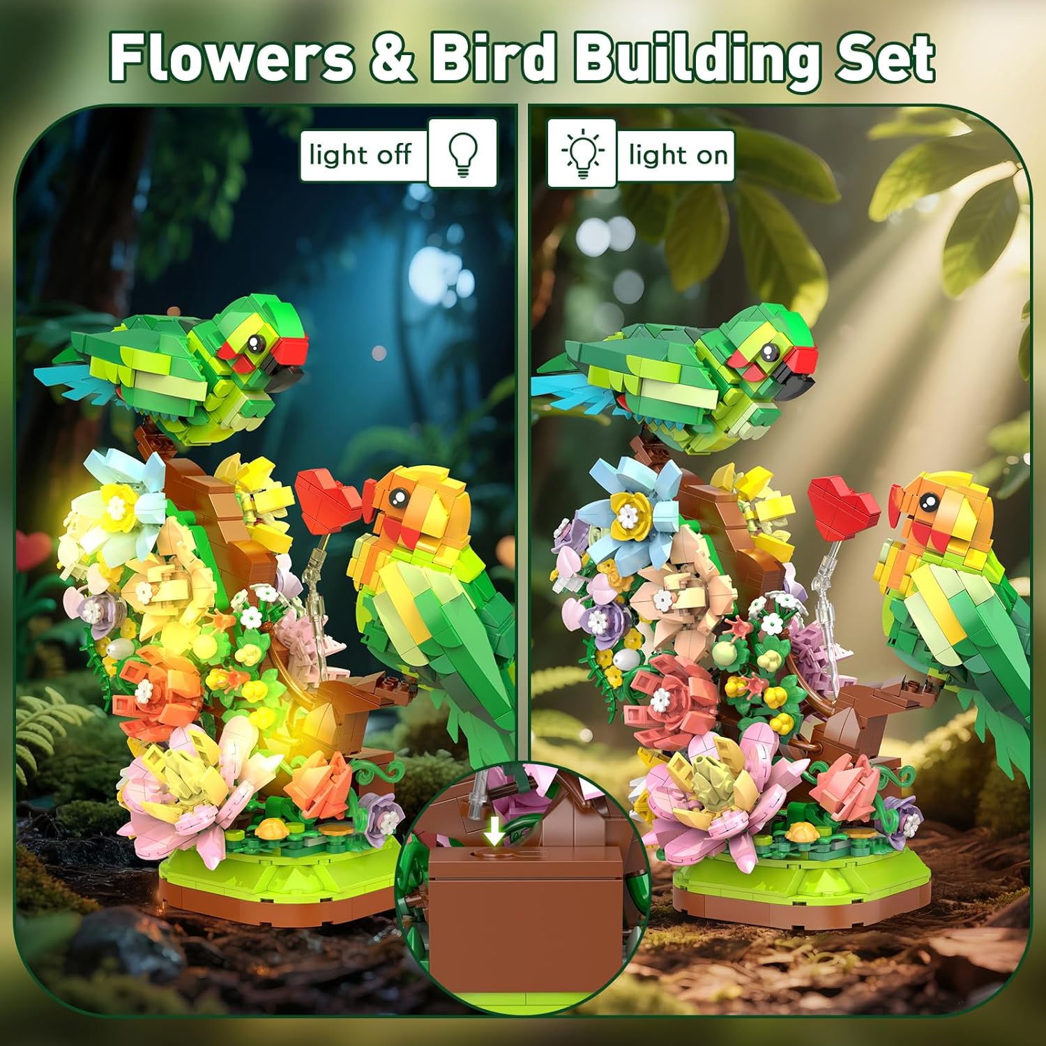 Vziimo Flowers & Love Bird Building Set for Adults, Flower Parrot Botanicals Decor Model Kit with LED, Animal Toys Gifts Ideas for Adults and Teens Age 14+ (1050 PCS)