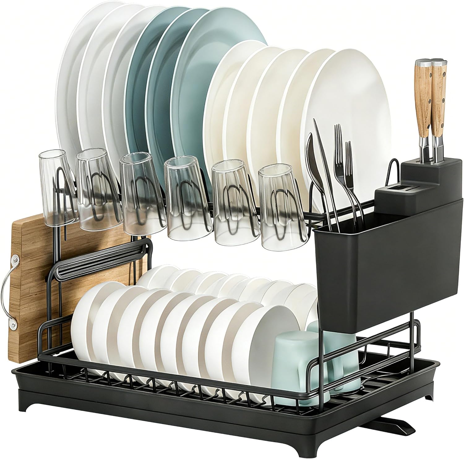 2 Tier Dish Drying Rack Carbon Steel Screw Free with Drainage Board Kitchen Counter Plate Bowl Utensil Holder Space Saving Escurreplatos De Acero Organizador De Cocina Secador Platos Black