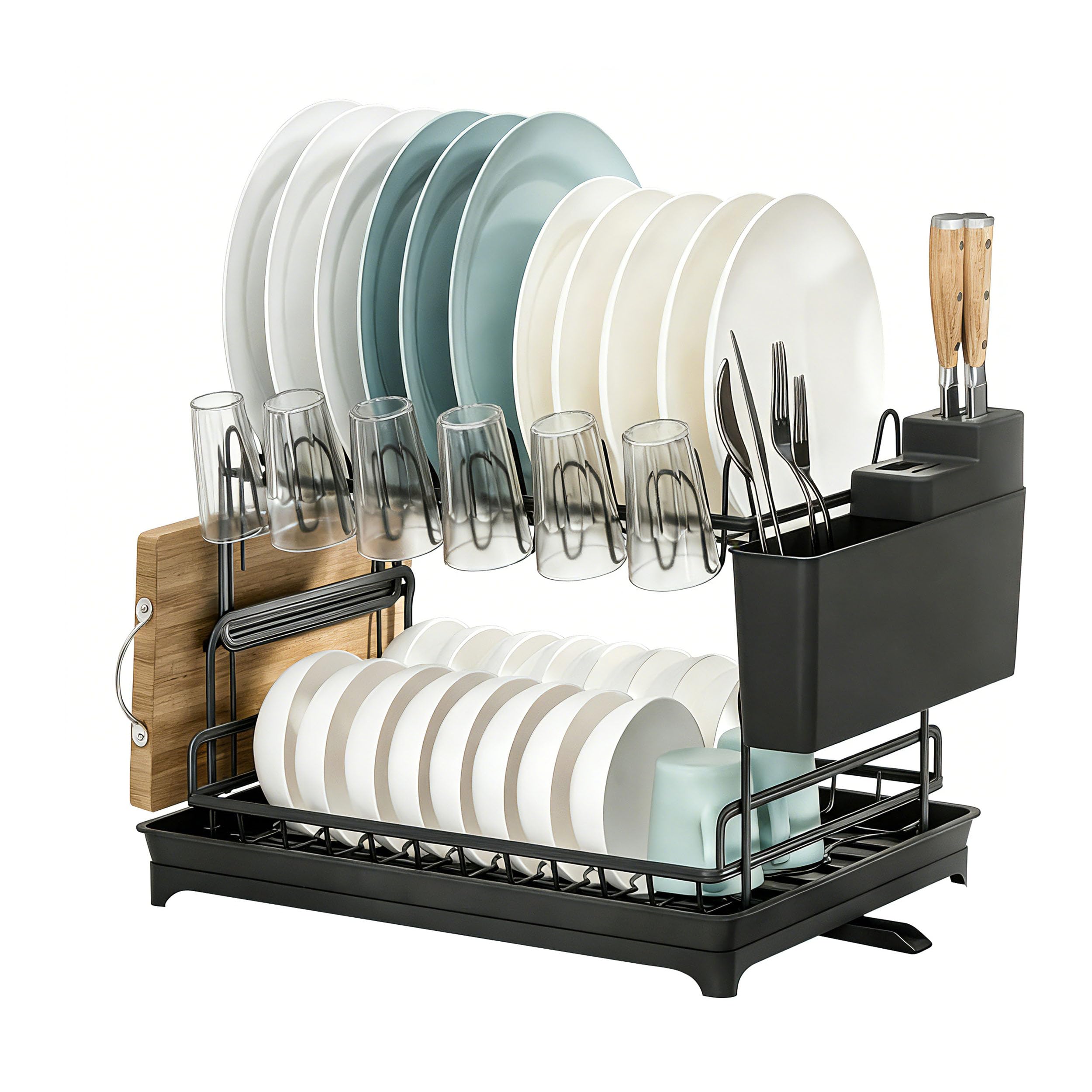 2 Tier Small Dish Drying Rack W16.5In Carbon Steel Screw Free with Drainer Kitchen Countertop Plate Bowl Utensil Holder Space Saving Escurreplatos Organizador De Cocina Secador Platos Black