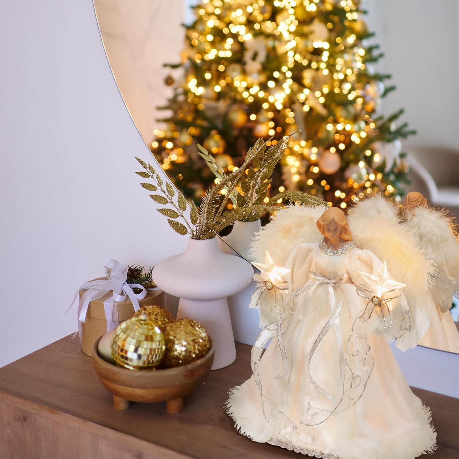 KI Store Lighted Christmas Angel Tree Topper with Timer 12-Inch White Angel Treetop Figurine for Christmas Tree Decoration
