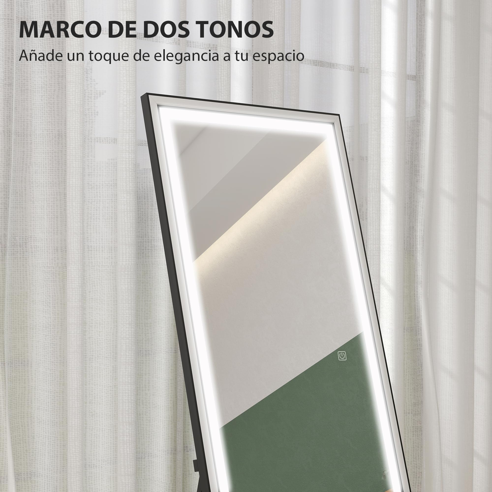 HOMCOM Espejo de Pie Cuerpo Entero con Luces, 165x60 cm, Espejo de Cuerpo Entero, 3 Temperaturas de Color, Brillo Ajustable, Independiente, Apoyado y de Pared, para Dormitorio, Salón, Blanco y Negro