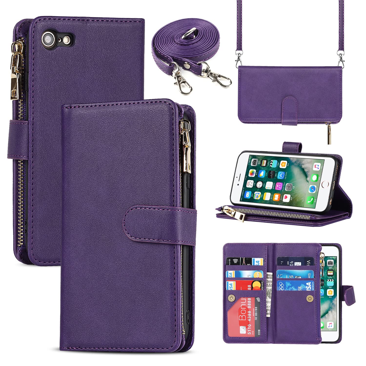 Cavor for iPhone 7 iphone8 iPhone SE 2022 iPhone SE 2020 Crossbody Wallet Case with Card Slots,PU Leather Magnetic Closure Zipper Pocket Case Kickstand Feature Shockproof Flip Cover,Purple
