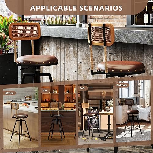 Miniatura 6 de Juego de 2 taburetes de bar de granja con respaldo, taburetes giratorios de madera rústica de 42 pulgadas, taburetes de altura de mostrador, sillas