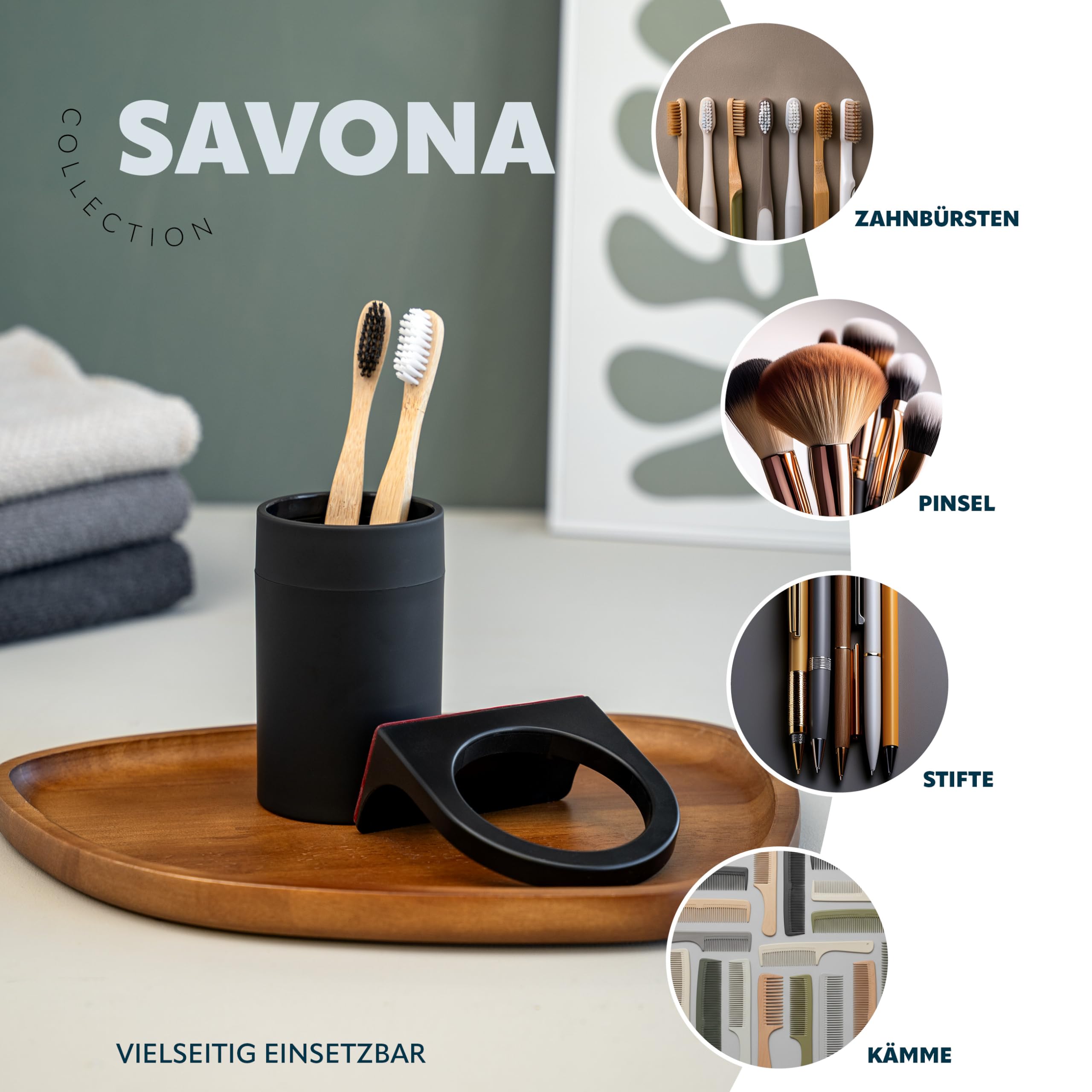bremermann Badezimmer-Set Savona mit Soft-Touch Oberfläche inkl. Wandhalterung zum Kleben oder Bohren, rundes Bad-Accessoires Set 2tlg. aus 1x Seifenspender und 1x Becher aus Kunststoff (Schwarz)