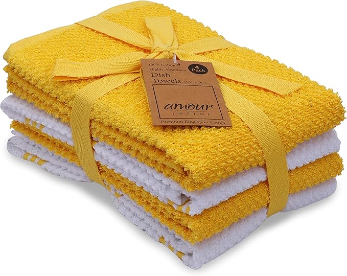 AMOUR INFINI Terry Kitchen Towels Pack of 4 – Highly Absorbent, Quick-Dry (2 Solid & 2 Stripe) 16x26 Inch Dish Towel with Hanging Loop for Cleaning, Drying Dishes, Wiping (Yellow)