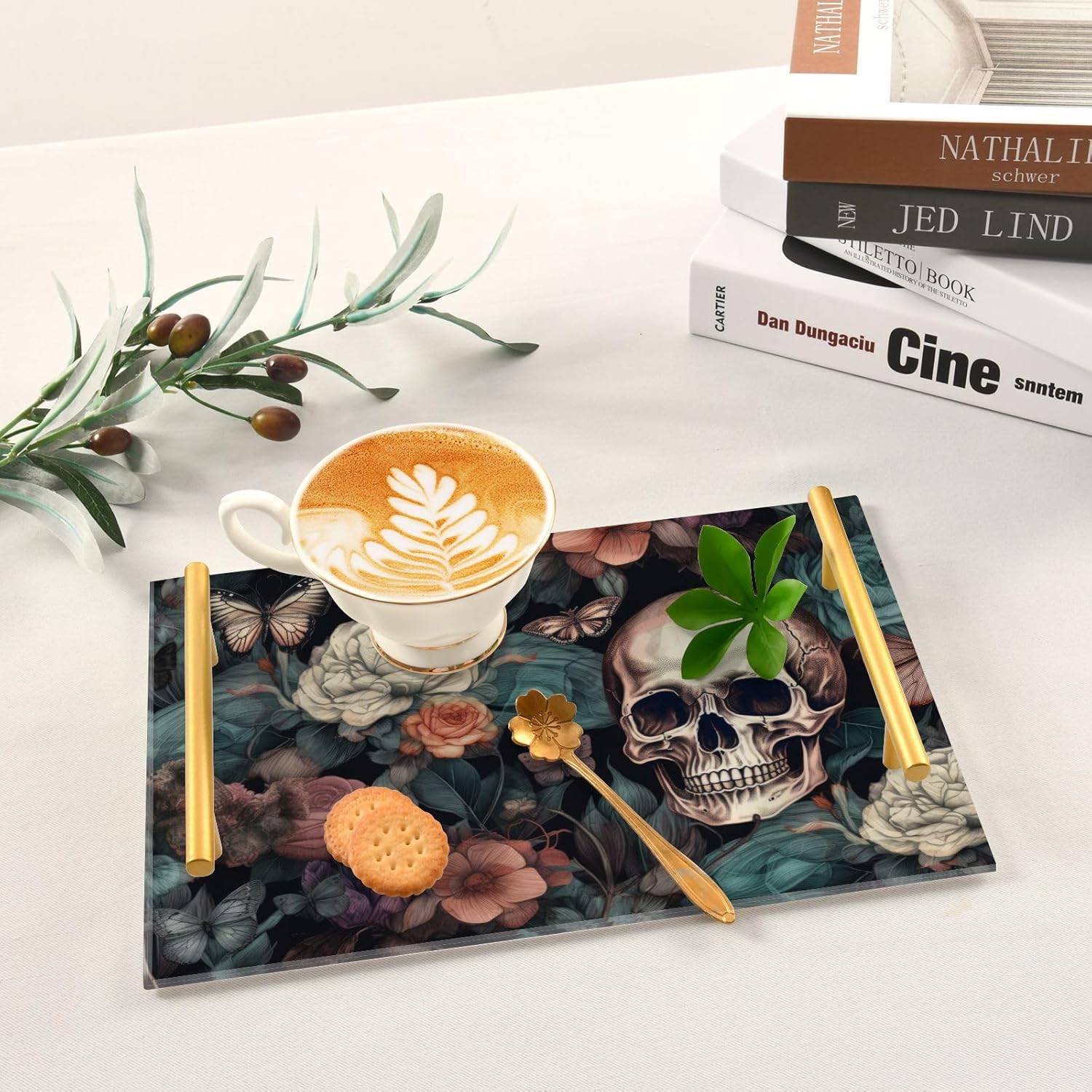Decorative Tray Skull Butterflies Print, Acrylic Serving Tray Coffee Table Tray with Metal Handles for Bathroom Living Room Bedroom 7.87×11.81 in