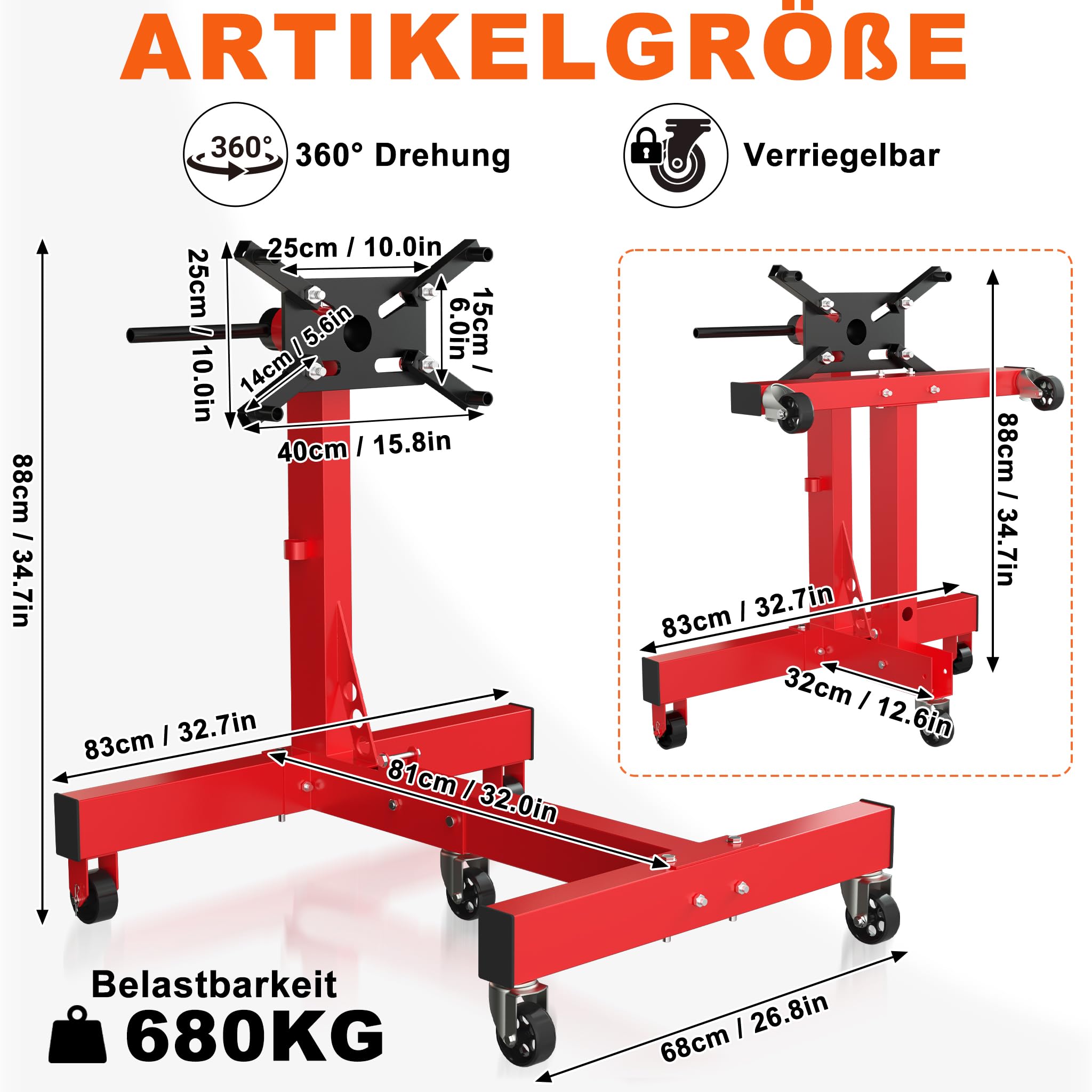 Froadp Motorständer Motorheber, Belastbar bis 680 kg, 360° Drehbar mit Haltearm, Getriebeheber Hydraulisch Stabil, Getriebehalter mit Rollen, Werkstatt Motor Reparaturständer für Auto und LKW, Rot