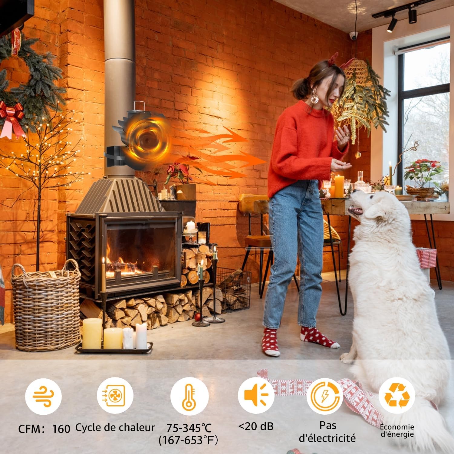 2 en 1 Silencieux Ventilateur de Poêle à Bois/à Granulés avec Theromètre, pour Cheminée/Gaz/Bûche