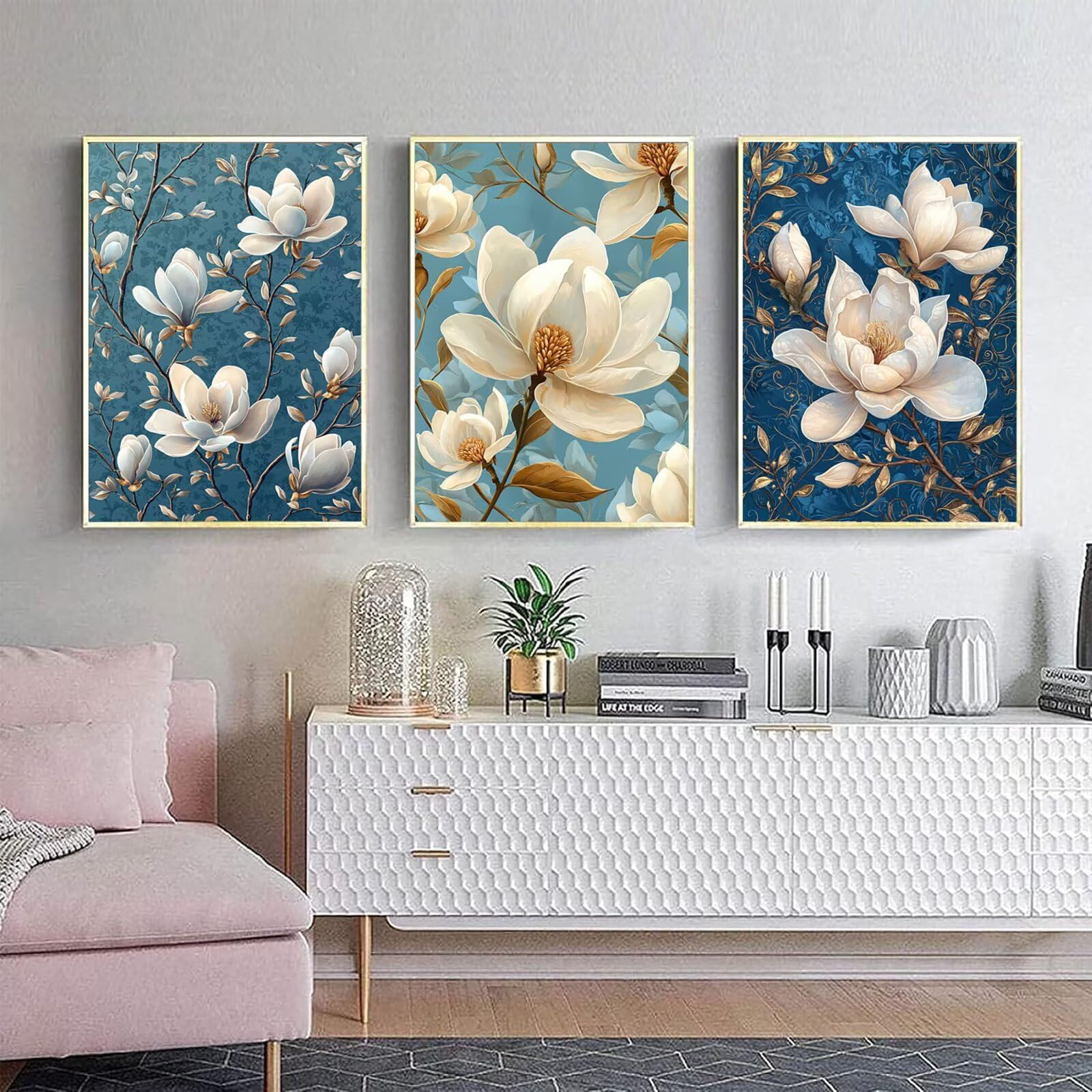 Cnyaunfi 3 Pezzi Fiore Pittura Diamante Fai-Da-Te, 5D Blu Diamond Painting Kit Completo per, Hobby Creativi Adulti, Pittura Diamante Artigianale Per La Decorazione Della Parete Di Casa 60x80cm YF-3446