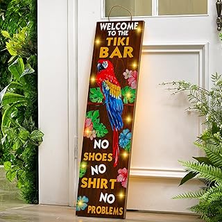 36 Inch Tiki Bar Sign Lighted Summer Luau Porch Wooden Sign Wood Hawaiian Beach Pool Party Decoration Tropical Tiki Bar Decoration for Beach Patio Deck Home Pub Aloha Birthday Party