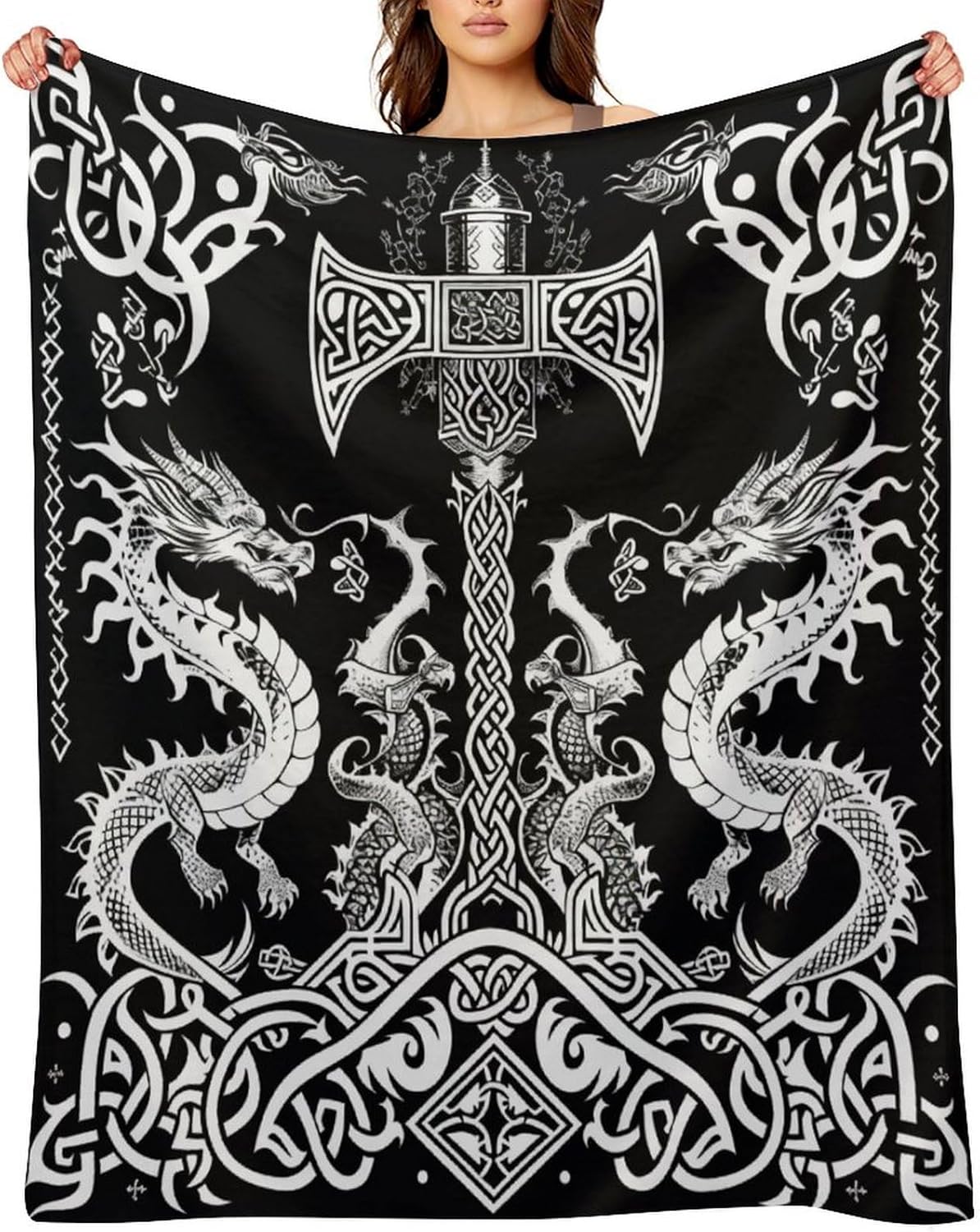 Rustic Norse Viking Dragon Soft Flannel Blanket,Modern Viking Mythology Hammer Symbol Print Dragon Lightweight Cozy Throw Blanket,60"x80"