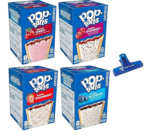 Pastel tostado esmerilado variedad, cereza, frambuesa, fresa y arándano, 13.5 onzas (paquete de 4) con clip de bolsa Make Your Day o dos paletas