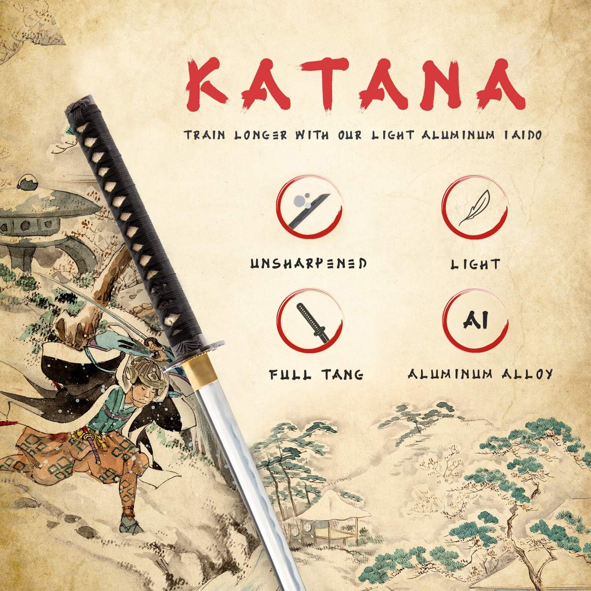 HMS Unsharpened Iaido Trainging Katana Sword, Aluminium Alloy Blade, Handmade, Full Tang, Brass Fittings, Bamboo Alloy Tsuba, Black Scabbard