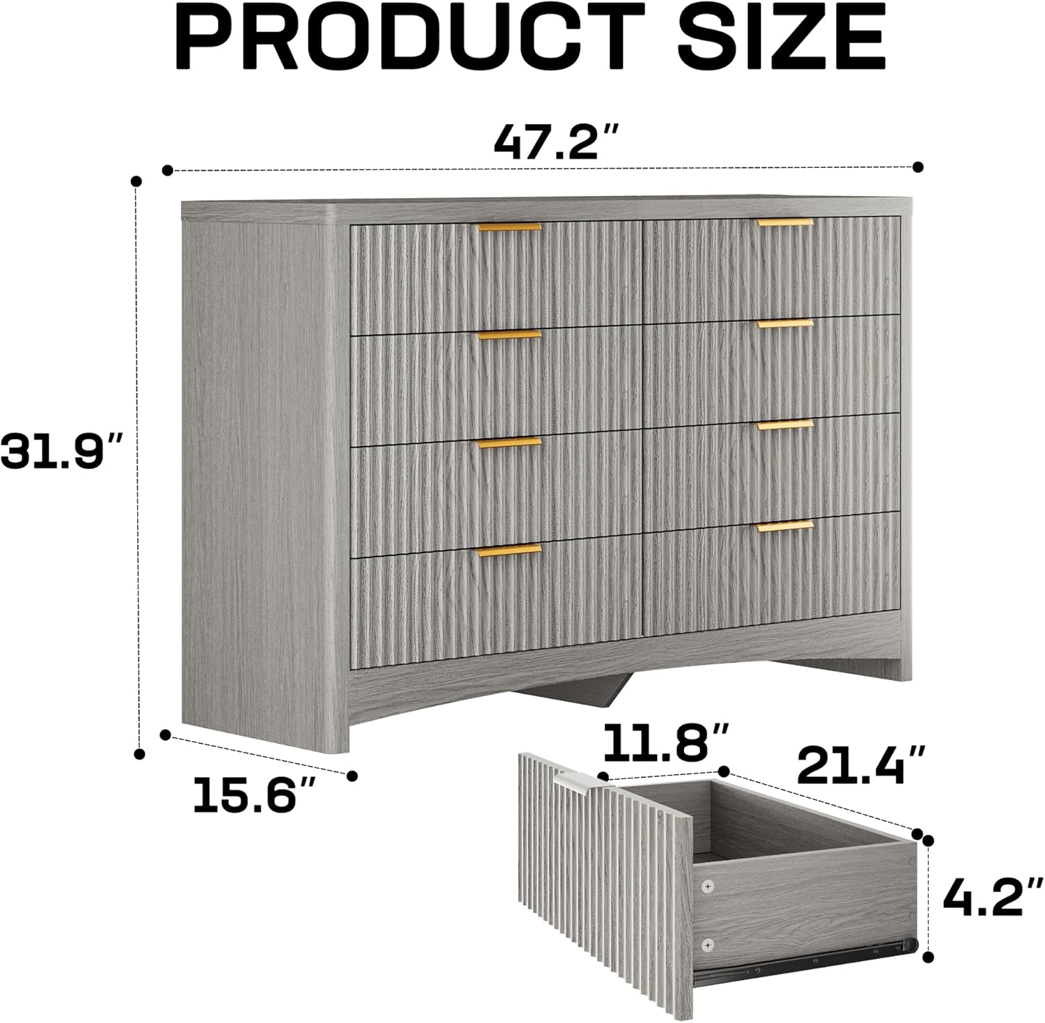 Marsail Fluted 8-Drawer Wide Wooden Dresser, Smooth Gliding Drawers & Large Capacity Storage Space, Modern Organizer Cabinet for Bedroom or Hallway, Light Grey