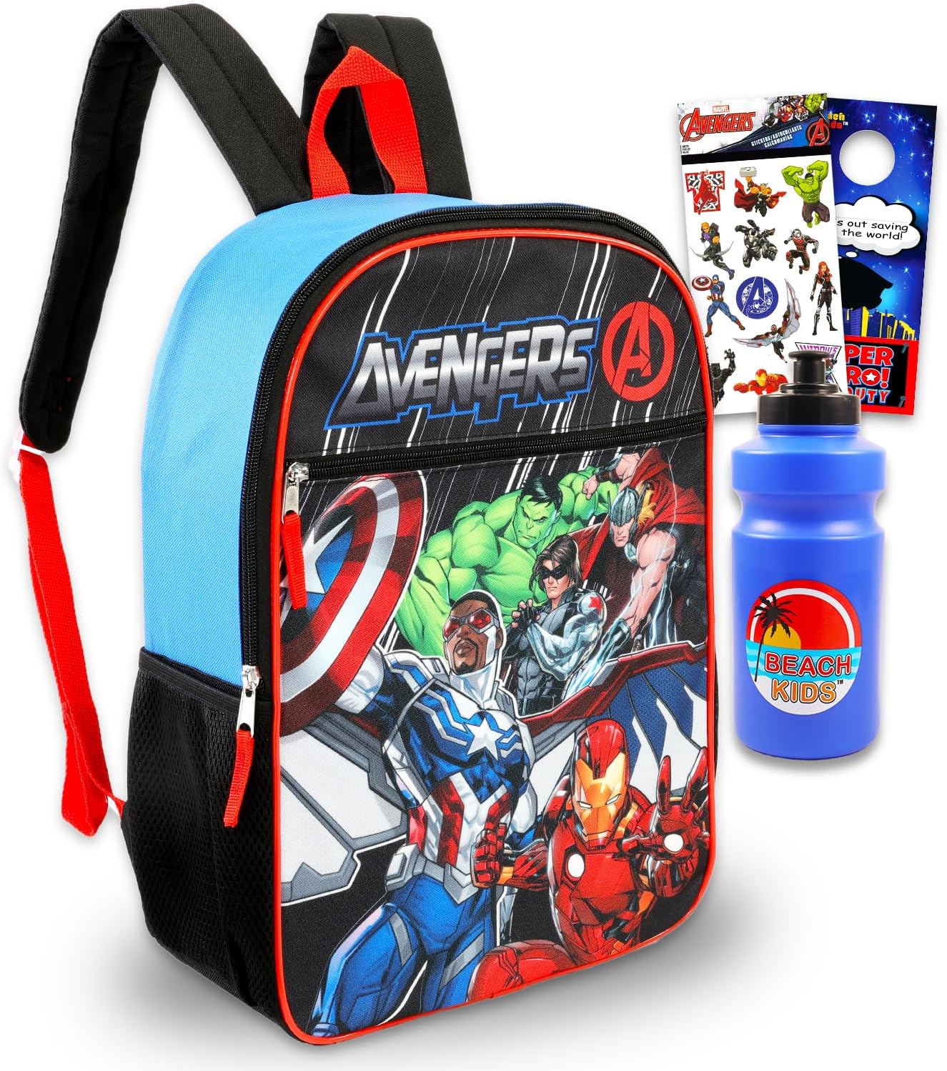 Marvel Captain America Backpack Set - Bundle with 16" Avengers Bag, Water Bottle, Stickers, & More Superhero School Supplies Pack for Kids