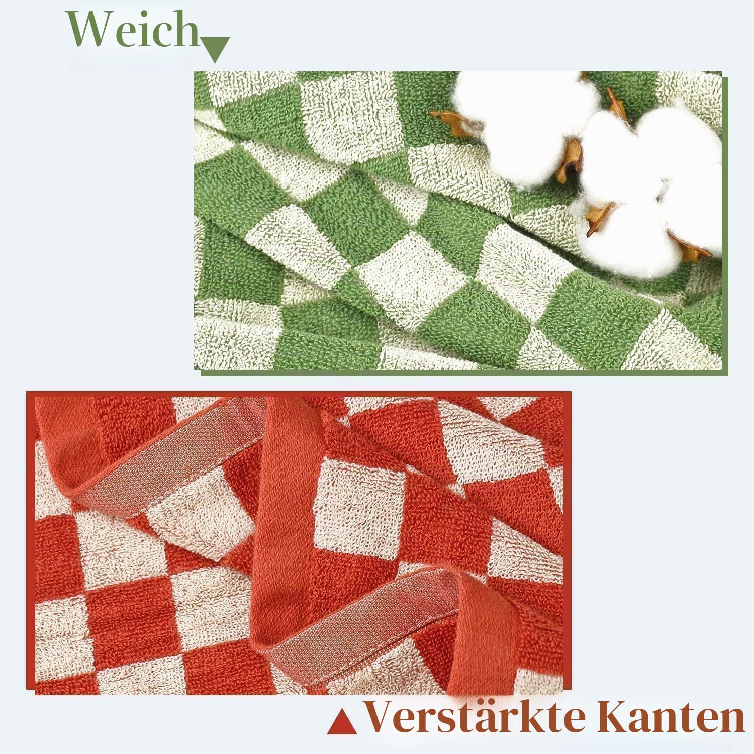 Karierte Badetücher für Badezimmer, 2 Stück, Duschtücher, 139,7 x 69,8 cm, super saugfähig und schnell trocknend (orange + grün)