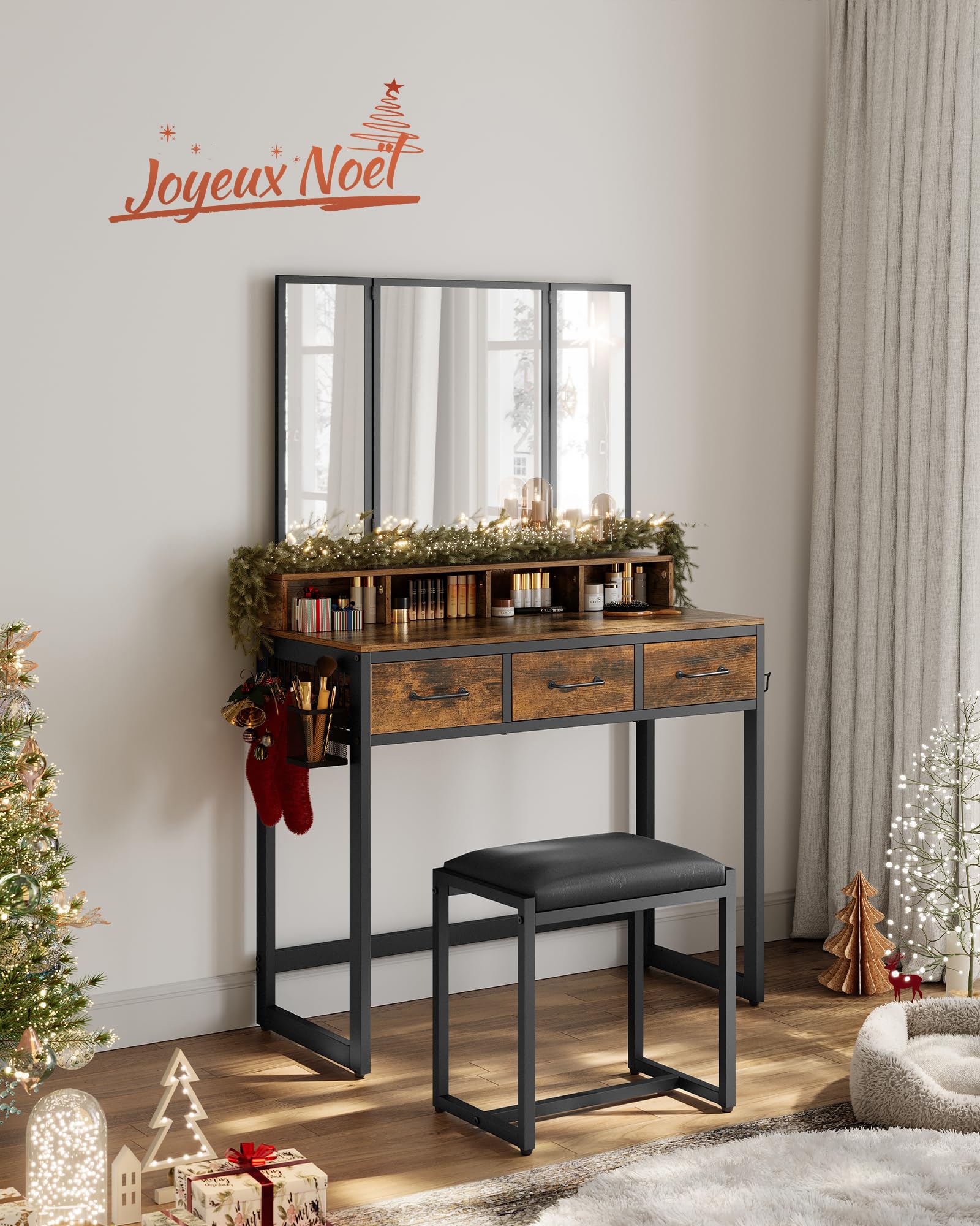 VASAGLE Coiffeuse, Table de Maquillage avec Tabouret Rembourré, avec Miroir Triple, 3 Tiroirs, Porte-sèche-Cheveux, Pot, Style Industriel, Marron Rustique et Noir RVT004B01