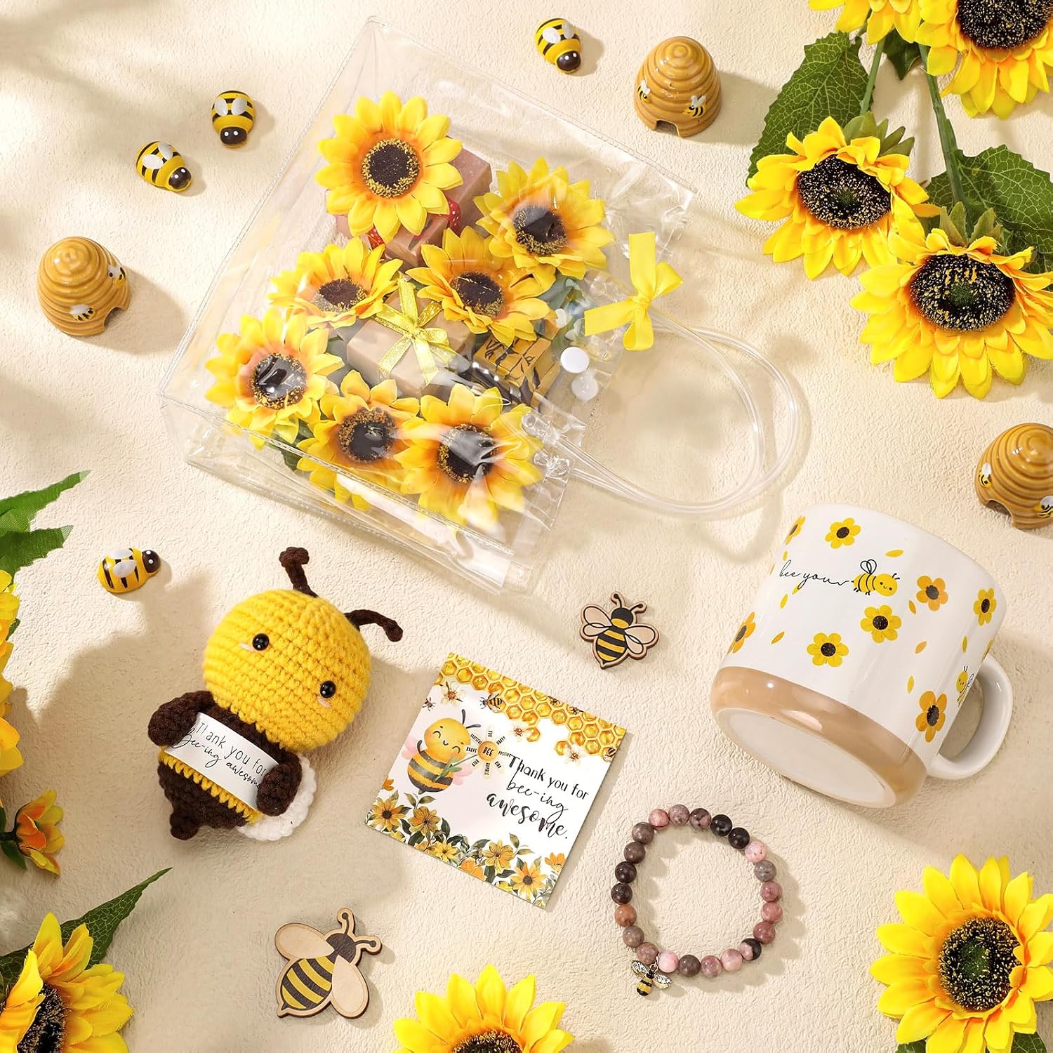 Roshtia Bee Theme Gift Set for Women Bees Coffee Mug Positive Handmade Crochet Thank You Card Bracelet Clear Bag for Teacher Nurse Friend Party Favor, 1 Set