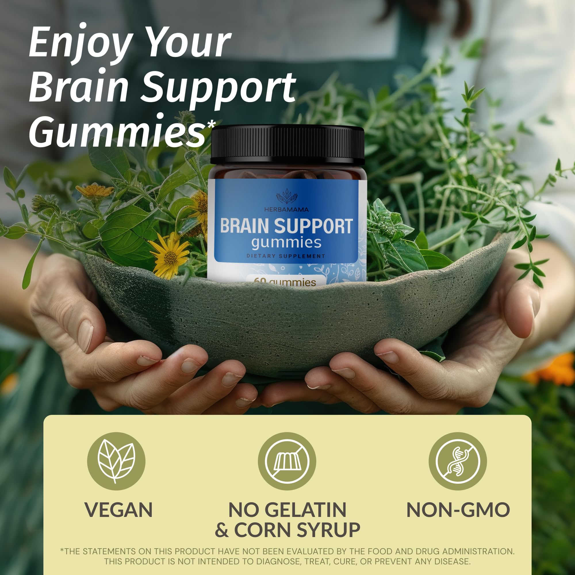 HERBAMAMA Brain Support Gummies – Brain Focus Supplements for Adults with Ashwagandha, Bacopa Monnieri, Vitamin C & B12 – Vegan, Non-GMO Calming Gummies – 60 Pectin-Based Blueberry-Flavored Chews — Amazon image 2