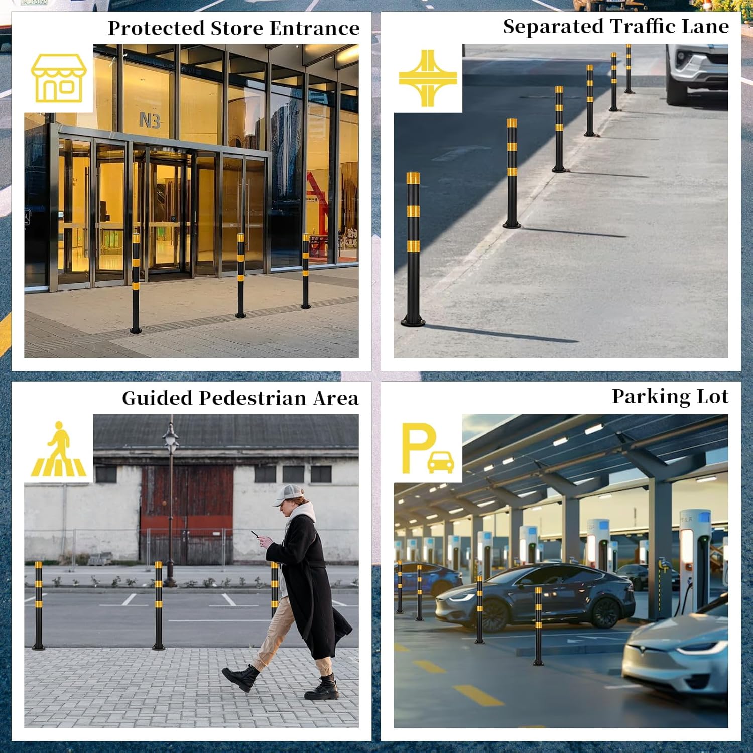 2 Pack Safety Bollard (32 inch) with Reflective Bands – Heavy-Duty Steel Parking Post, 2 inch Diameter, Includes Anchor Bolts, Black/Yellow