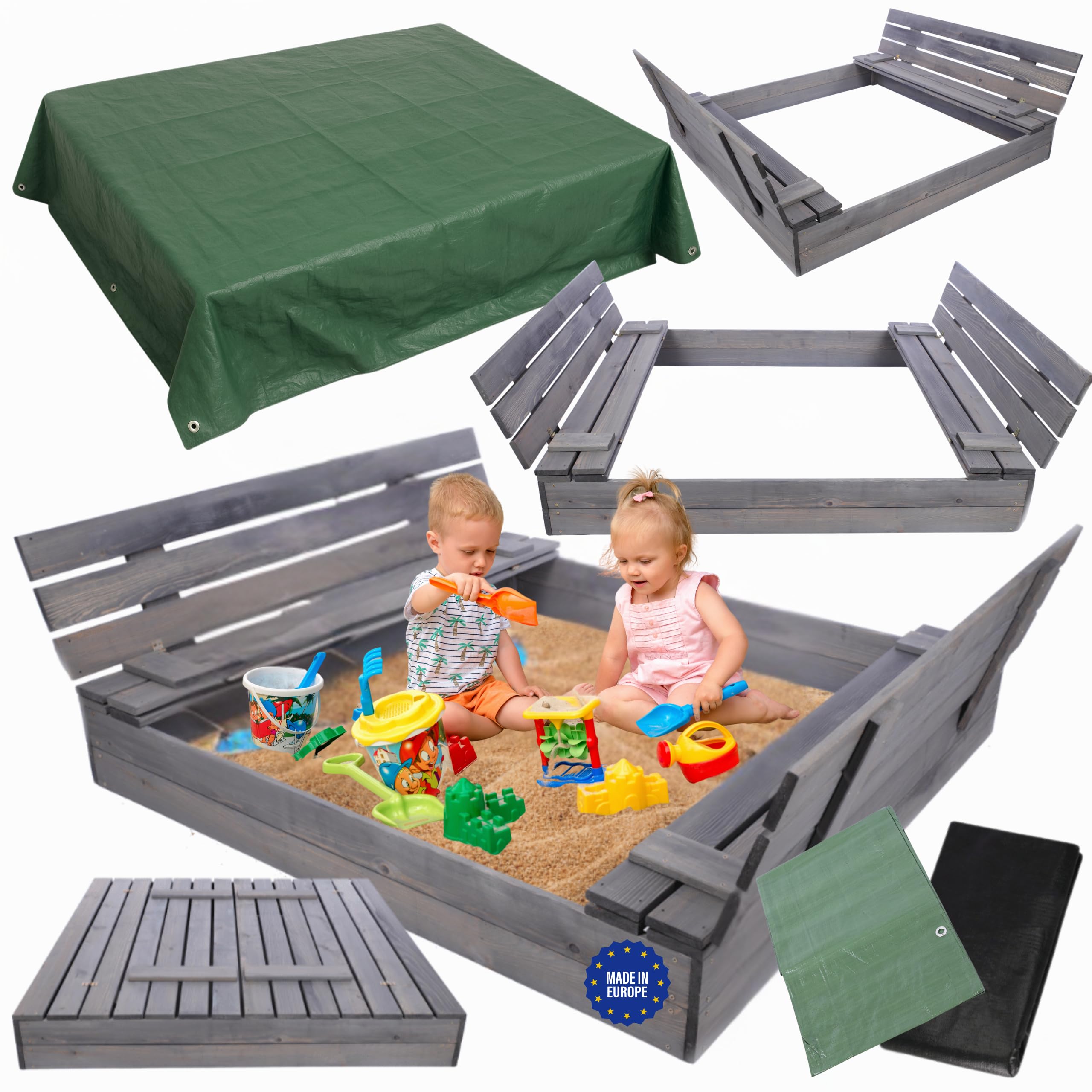 Sandkasten mit Deckel, Sitzbänken und Schutzplane, Holzsandkasten, Gartenspielzeug für Kinder, Sandkasten für Garten, Outdoor Sandkasten, Abmessungen 140x137 cm, Farbe: Grau (imprägniert)