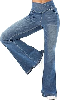 Bell Bottom Jeans for Women High Waisted Stretchy Flare Jeans Pull On Crossover Wide