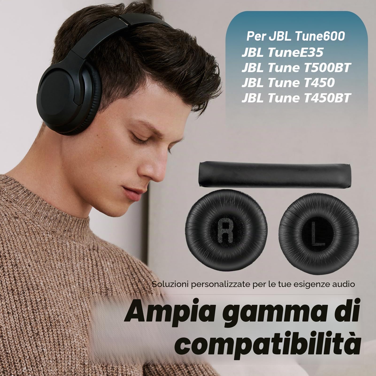 1 Paio Cuscinetti Cuffie e 1 Archetto di Ricambio per JBL Tune600 T500BT T450 T450BT JR300BT, (Non Compatibili con Tune600btnc) Copri Padiglioni Cuffie Universali 70mm con Memory Foam