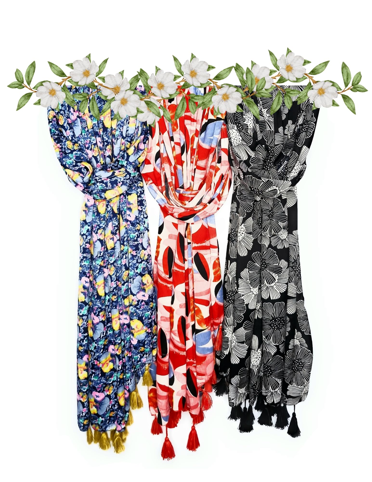 Women's Printed Soft Feel Durable Polyester Mix Multicoloured Scarf and Stoles with Tassels for All Seasons, Lightweight Fashion Wrap, Stylish Gift, 30x80 Inches-image-22
