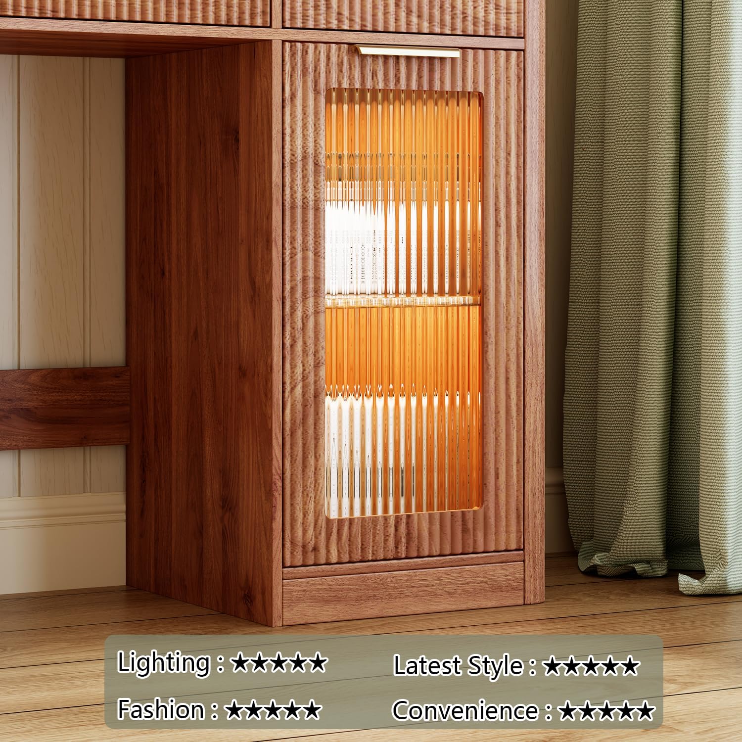 47" Large Vanity,Modern Fluted Makeup Vanity Desk with Mirror and Lights, Glass Top Vanity with 3 Drawers and 2 Cabinets&Charging Station,Dressing Table for women and girls’ bedrooms. Walnut