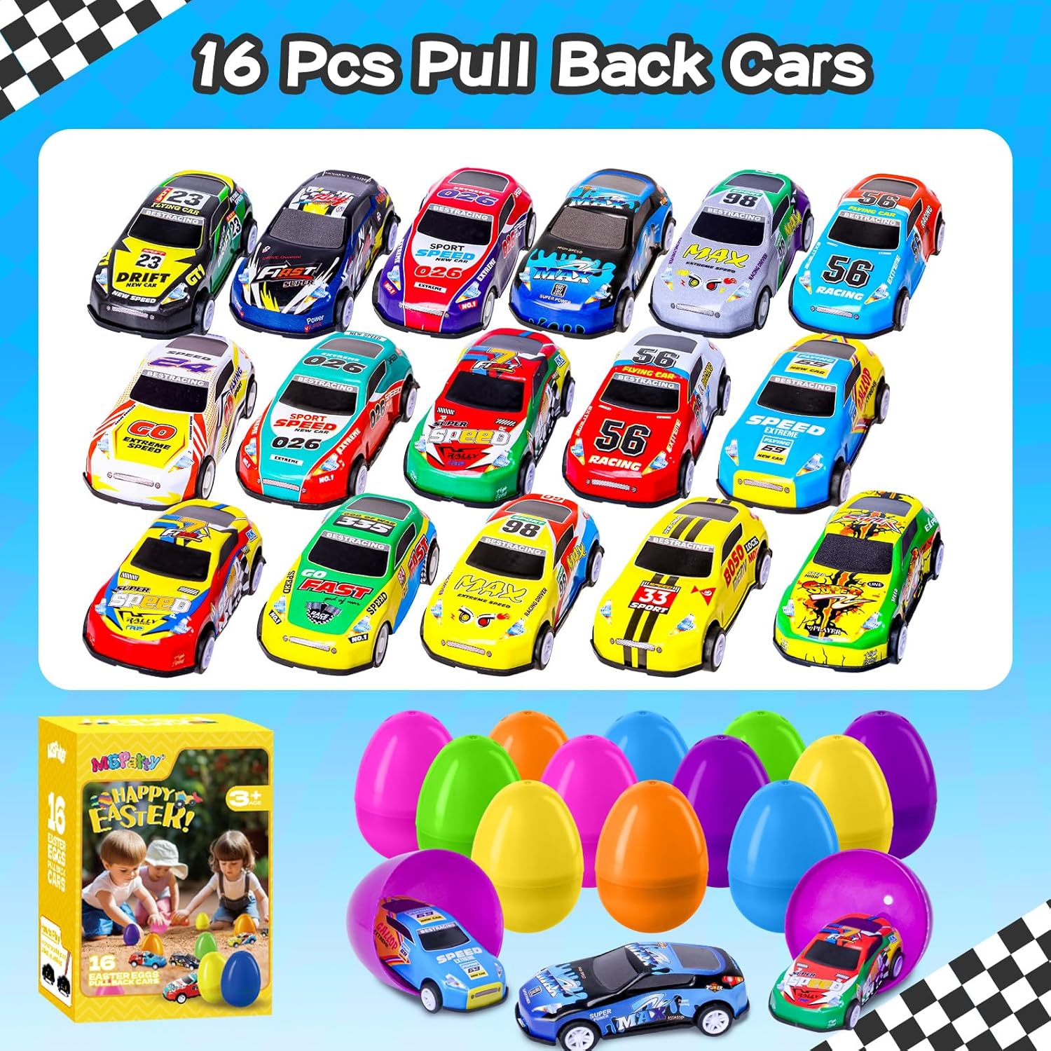 MGparty 16 PCS Prefilled Easter Eggs with Pull Back Cars, Easter Basket Stuffers and Egg Hunt Toys for Kids, Race Car Easter Gifts for Boys and Girls, Party Favors and Classroom Prizes