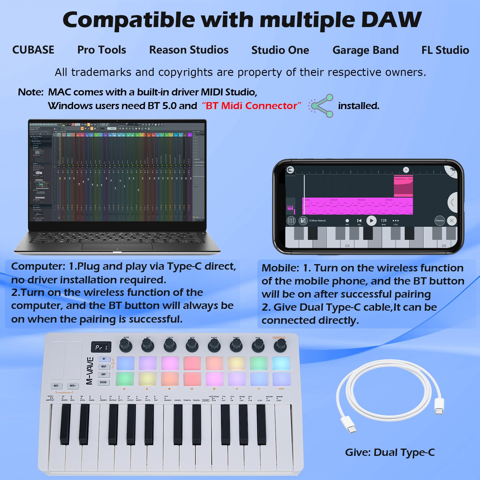 M-VAVE 25 Tasten 16 Backlit Drum Pads MIDI Keyboard - Professioneller Beat Maker und Keytar für Keyboard Musikproduktion Builtin Battery Wireless Connect Weiß