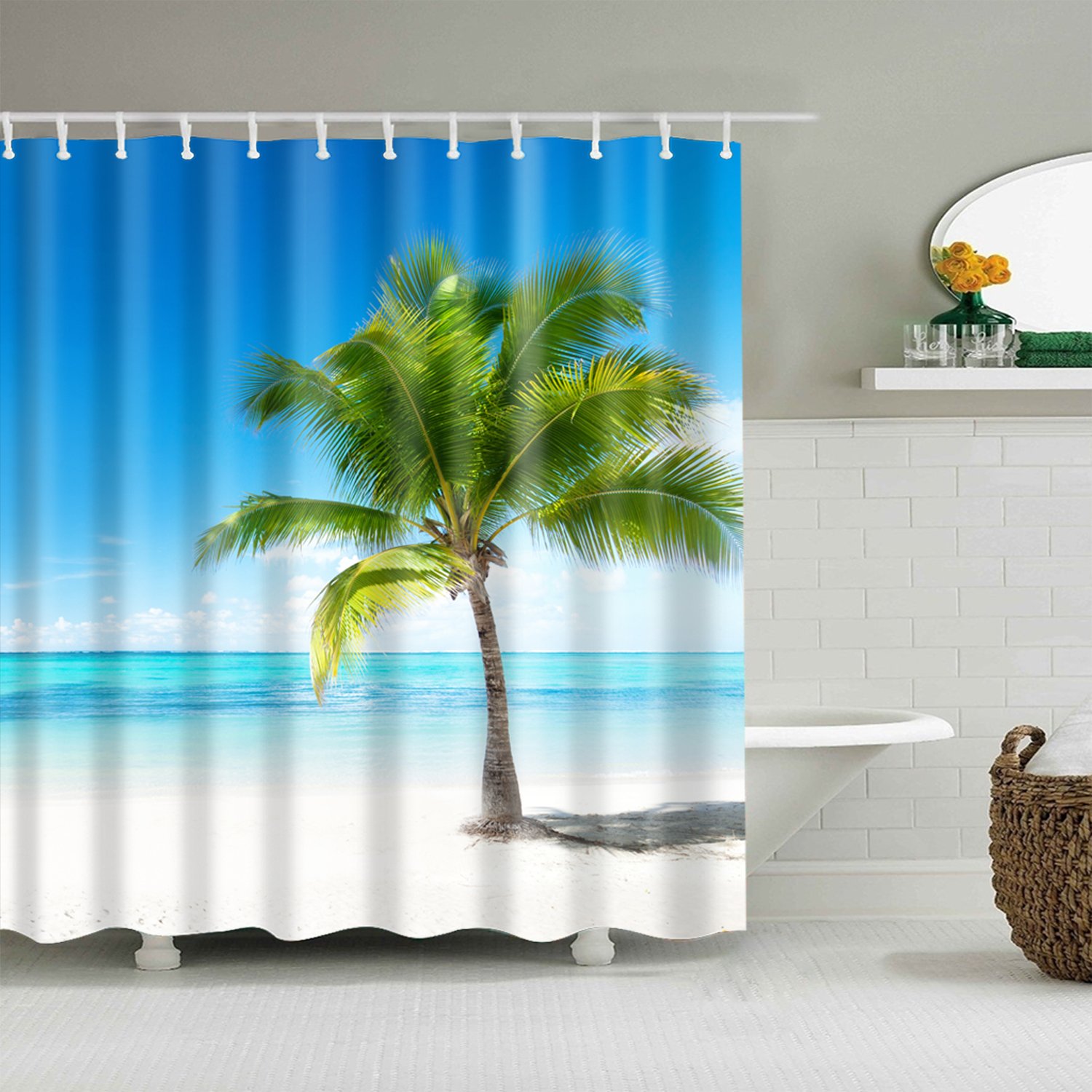 StoneMaxi Waterproof 180 x 180 Polyester Bathroom Shower Curtain Print Fabric With 12 Hooks, Multiple Designs Landscape with Anti-Mould Proof Resistant Machine Washable (Beach and Coconut Tree-3)