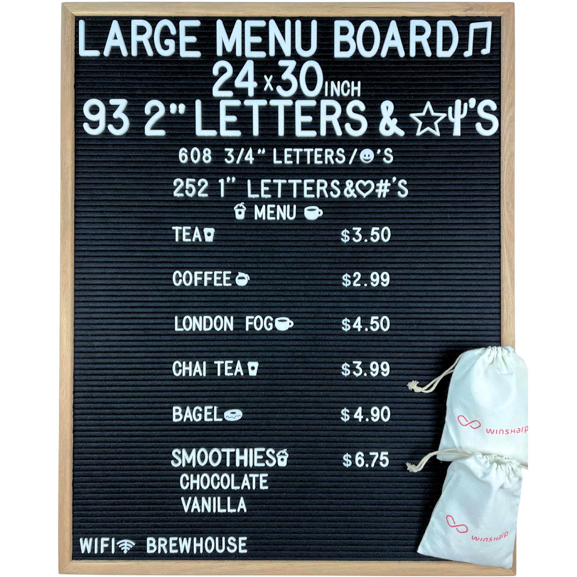 Large Black Felt Letter Board | 24"x30" Classy Dark Stained Wooden Frame with White Letters | Premium Changeable Sign Boards for Price List Message