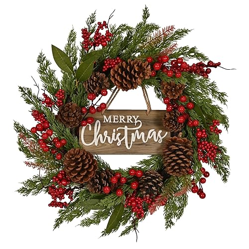 20 Inch Christmas Wreath with Pinecone Berries Christmas Decorations Front Door Wreath for Outdoor Indoor Party Wall Table Home Decor Brown Sign - Christmas Wreath Brown Sign