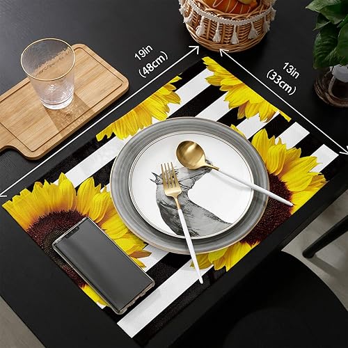 Miniatura 6 de Juego de 6 manteles individuales con diseño de flores, para mesas de comedor, tejido de lino de algodón, lavables, antideslizantes, 19 x 13